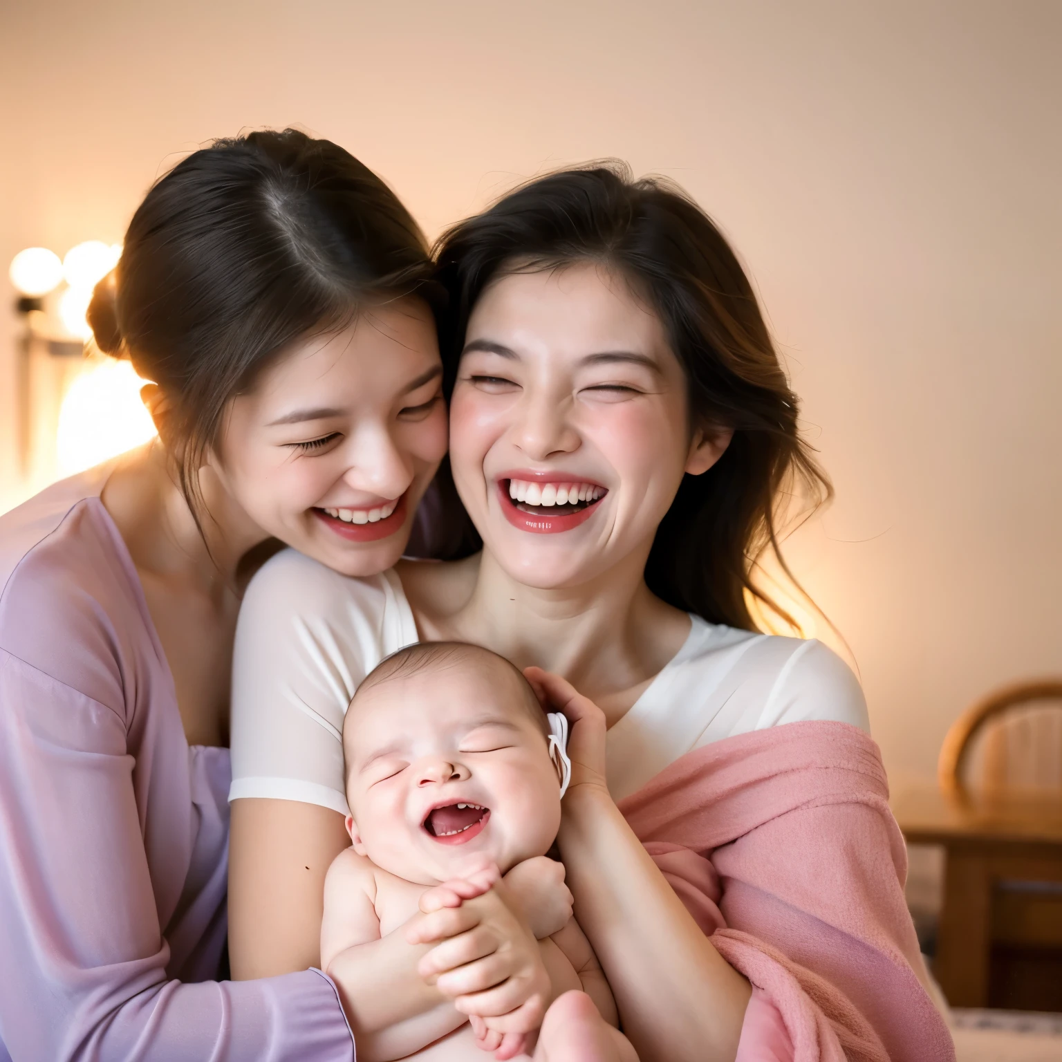 (best quality,4k,8k,highres,masterpiece:1.2),ultra-detailed,realistic:1.37,cute laughing baby playing with mother,illustration,soft pastel colors,warm lighting,adorable baby,baby's contagious laughter,loving bond between mother and baby,joyful atmosphere,endearing moments,mother's tender expression,gentle touch,nurturing environment,tickling playtime,giggles and chuckles,mother's playful interaction,bright and vibrant setting,mother's adoring gaze,happiness and laughter,mother's loving care,carefree and playful ambiance,baby's joyful exploration,tender embrace,blissful motherhood,wonder and curiosity,innocence and purity of childhood,heartwarming scene,unconditional love,parenting bliss,precious memories,family bonding,delightful giggles,blissful innocence,mother's gentle laughter,motherhood joy,blossoming love,cheerful atmosphere,sweet laughter of a baby,baby's delightful expression.