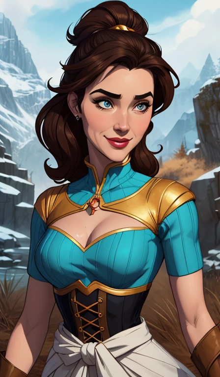 Personagem mulher estilo atompunk Fiona rainha Anna de Arendelle com marcas de guerras Imagem de desenho animado de uma mulher .Ilustra??o estilo desenho animado, estilo de arte dos desenhos animados, estilo de arte dos desenhos animados, digital illustration style, estilo atompunk design de personagens altamente detalhado, arte digital detalhada coragem, Forest fan art, Design de personagens de retrato, beautiful digital illustration, retrato de alta qualidade, Arte em quadrinhos, mulher jovem cabelo com transas lindas . Queen Anna of ArendelleBeautiful lined eyes Medium large bust and wonderful sexy clothes. image expression of sexual desire from waist to head illustration Queen Anne of Arendelle atompunk style Fallout 4 style pose playboy magazine sensual witch Character cartoon style facial expression happy beautiful smile and six medium small portrait mode waist up with lots of gold around her other stones precious portrait mode waist up queen of the south Jennifer Connelly GTA scenery dominatrix gold coins chest with jewelry with her boyfriend, um homem com barba preta, armado com um estilo militar,