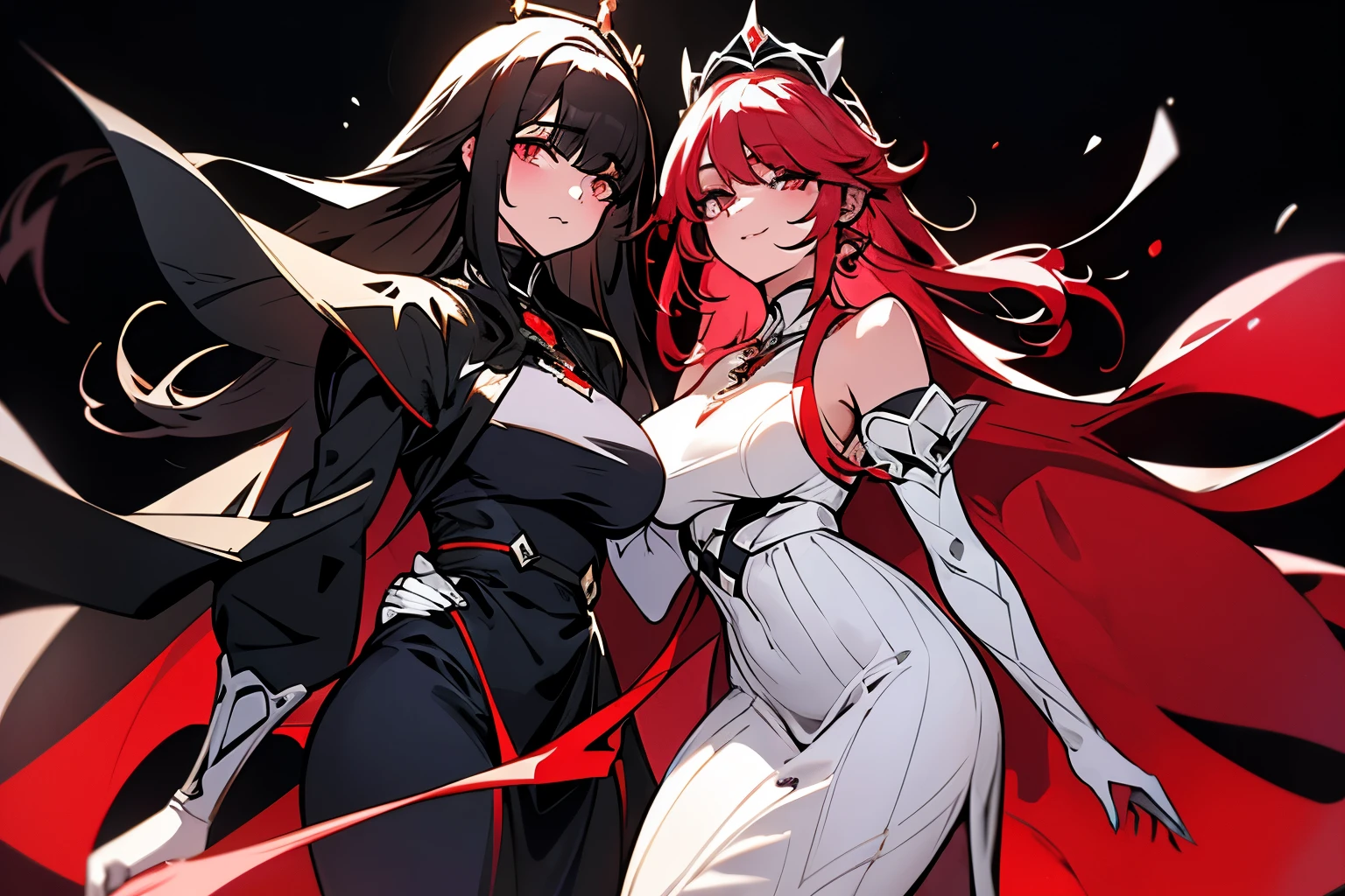 long fur jacket in black, a medieval dress in white and red, with a super voluminous skirt, round princess skirt, high collar, which covers the body from neck to toe, covered neck, super detailed face, super detailed eyes, super detailed lips ,
