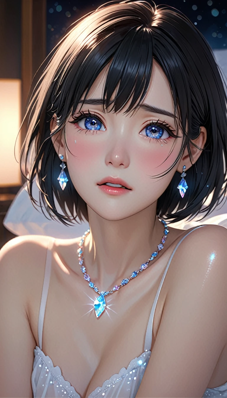National Science Foundation,masterpiece,High resolution,8K,Art,digit,Three-dimensional,Realism,Kyoto Animation Style,your name movie style,looking into camera,Soft Light,Glowing skin,(1 female: 1.3),(alone: 1.4),(((black hair))),(Naked upper body),(crystal hairpin),(small crystal necklace),(crystal small earrings),(crystal bracelet),(Crystal ring),Long eyelashes,Slender legs,Short Bob,Close-up of upper body,Close-up,close view,in the bedroom,Lying in bed,(Eyes as deep as the starry sky),(open mouth),(blush),(shy),(lovely and delicate),(Pitiful),(((cry))),(((Tears))),(((extremely sad))),(((despair)))