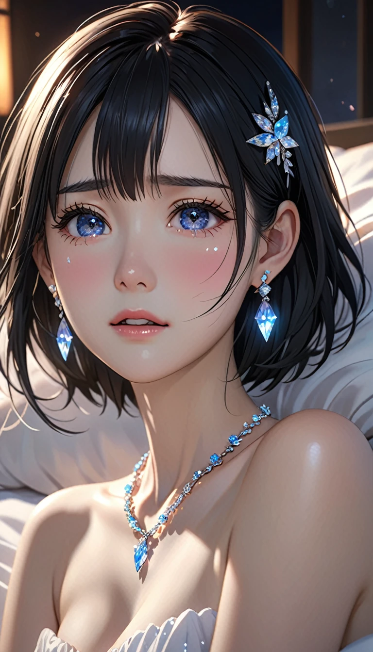 National Science Foundation,masterpiece,High resolution,8K,Art,digit,Three-dimensional,Realism,Kyoto Animation Style,your name movie style,looking into camera,Soft Light,Glowing skin,(1 female: 1.3),(alone: 1.4),(((black hair))),(Naked upper body),(crystal hairpin),(small crystal necklace),(crystal small earrings),(crystal bracelet),(Crystal ring),Long eyelashes,Slender legs,Short Bob,Close-up of upper body,Close-up,close view,in the bedroom,Lying in bed,(Eyes as deep as the starry sky),(open mouth),(blush),(shy),(lovely and delicate),(Pitiful),(((cry))),(((Tears))),(((extremely sad))),(((despair)))