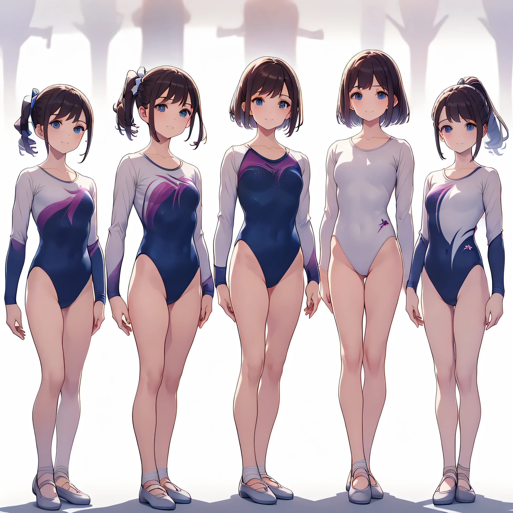 Gymnastics club,(4 girls:1.3),(long sleeves leotard:1.3),full body, bob cuts hair, long hair, (over ************, under 19 years old:1.2), ballet shoes, white background