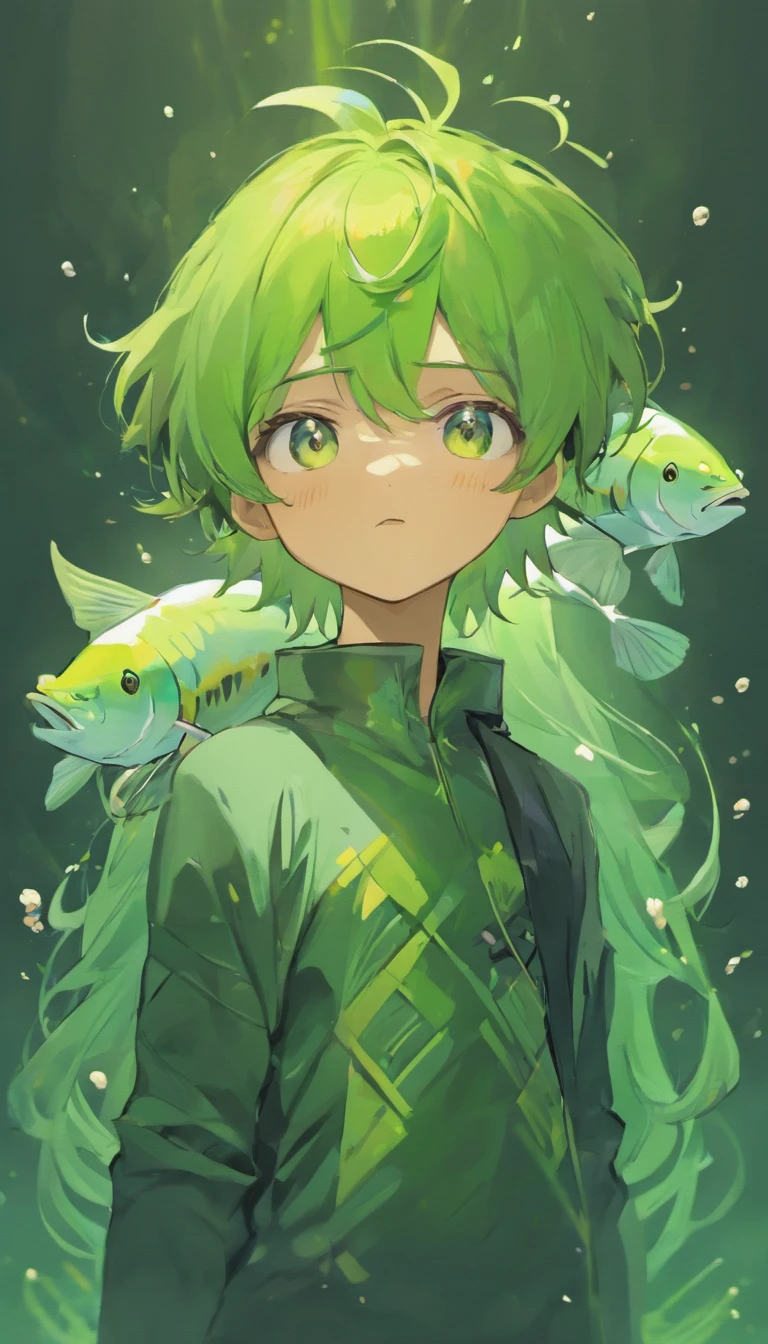 Anime guy with green hair with fish on his head. Avocado 6, best quality, high quality, 1boy, solo, male focus, looking at viewer, upper body, yukihira_souma. Avogado6 style. Grey background. Fish on his head. Black shirt. Brown eyes