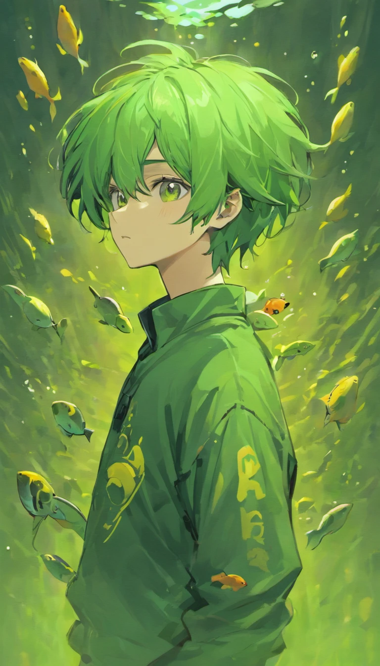 Anime guy with green hair with fish on his head. Avocado 6, best quality, high quality, 1boy, solo, male focus, looking at viewer, upper body, yukihira_souma. Avogado6 style. Grey background. Fish on his head. Black shirt. Brown eyes