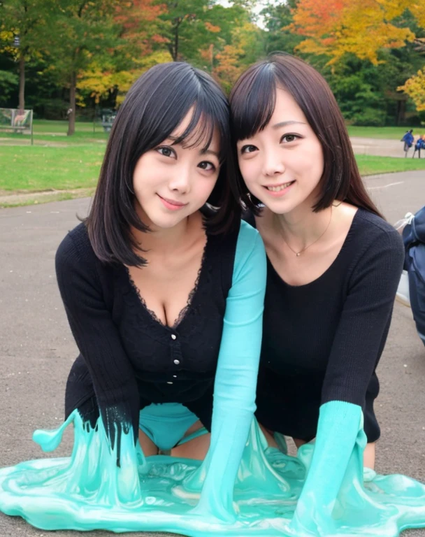 open your clothes，knitted sweater jacket，（Big boobs：1.2），cleveage，穿Black underwear，black slime shapeshifter，looking at the audience，Smile， Black underwear、cleveage，Long hair ,Pretty Face，cute appearance，confident girl,Slime with melted lower body,In the park，There are many maple leaves，autumn，Standing