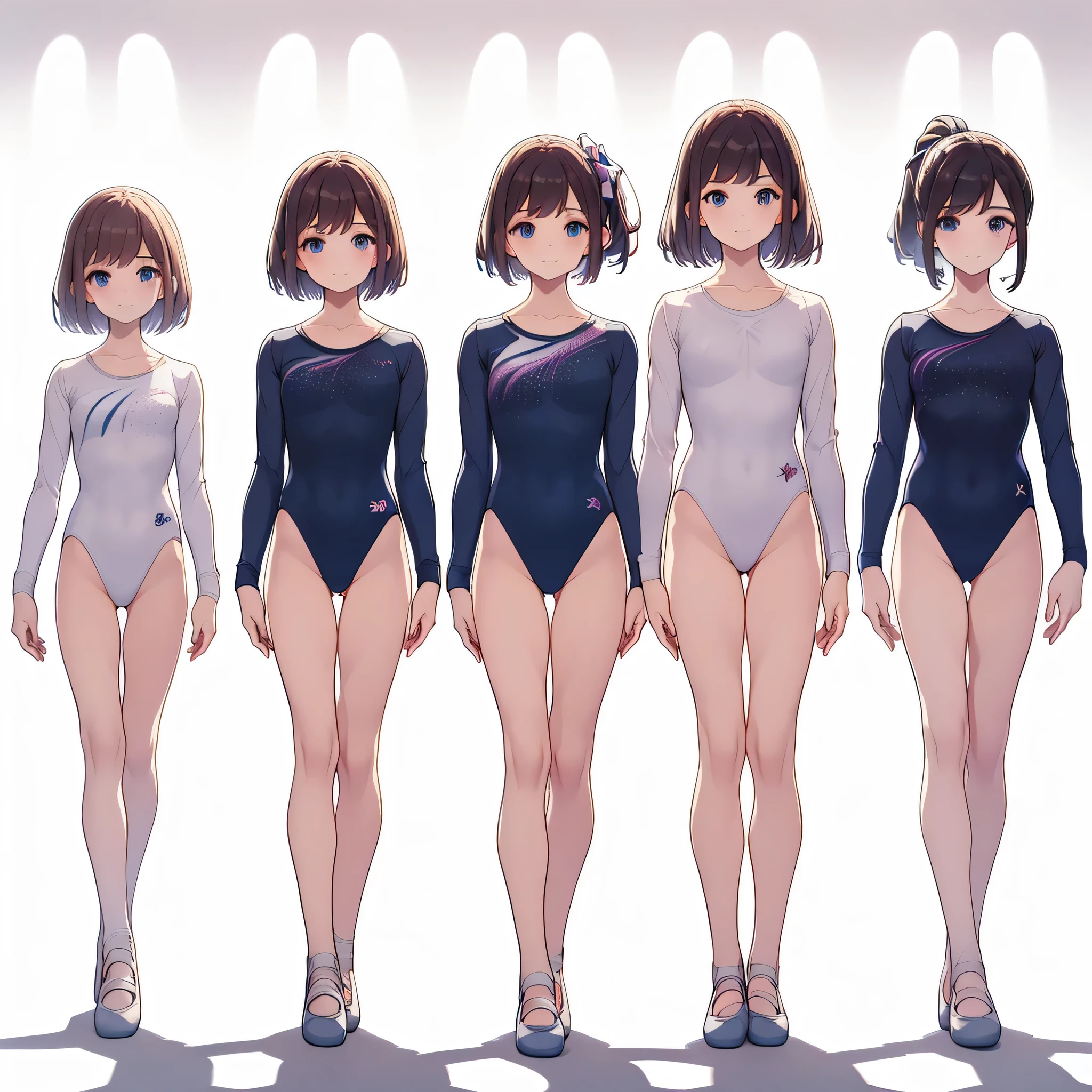 Gymnastics club,(4 girls:1.3),(long sleeves leotard:1.3),full body, bob cuts hair, long hair, (over ************, under 19 years old:1.2), ballet shoes, white background