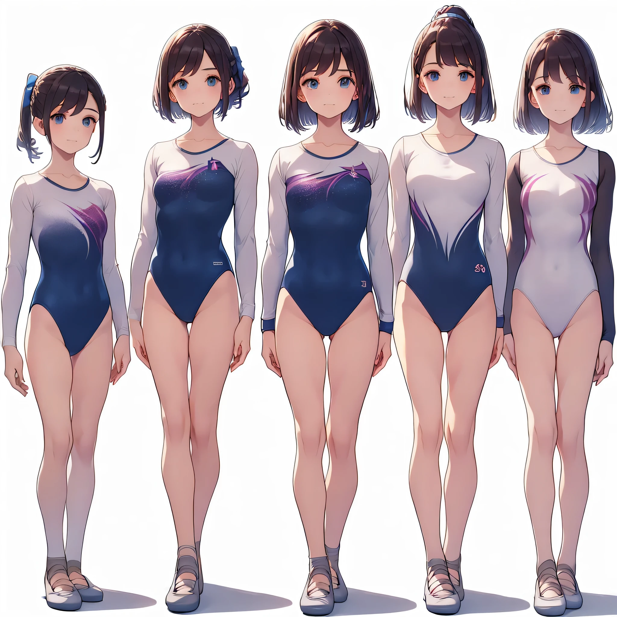 Gymnastics club,(4 girls:1.3),(long sleeves leotard:1.3),full body, bob cuts hair, long hair, (over 16 years old, under 19 years old:1.2), ballet shoes, white background