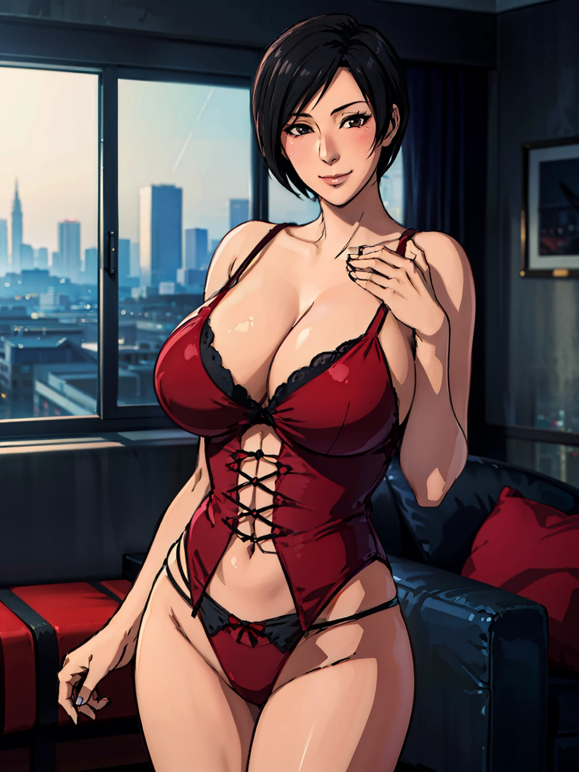 grabbing breasts, sexy pose, red lingerie, luxury livingroom background, window, night city view, ada wong, anime cels style, best quality, high resolution, 1girl, (huge breasts:1.2), beautiful face, black eyes, cowboy shot of beautiful ada, looking at viewer, black hair, short hair, smiling, blush