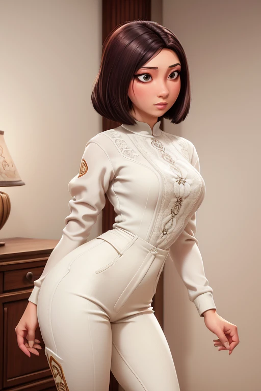(((Obra maestra))), una mujer influyente superior, calidad superior, super detailed, lindo y valiente, Retro style of the 60s, piel blanca, pelo negro corto y rizado con pinzas de flores, Top corto con botones naranja y mangas con estampado floral transparente, pantalones cortos marrones de cintura alta con botones, fondo de pista de patinaje