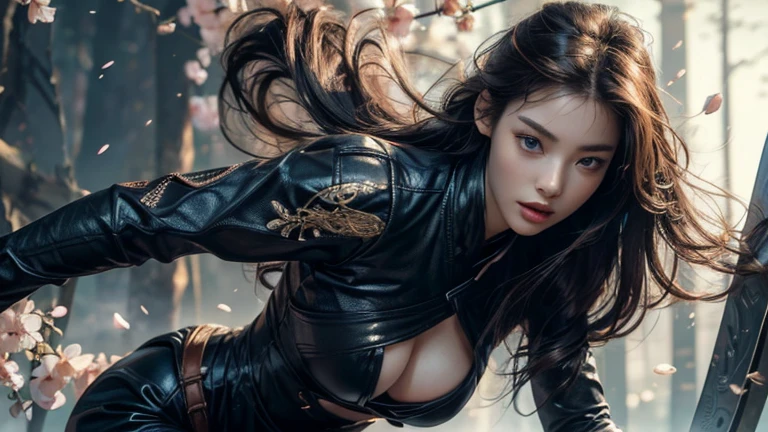 Leo woman, Attractive forward leaning detailed skin, Hyper-realistic 8K CG, picture-Perfect face, Flawless, Clean, masterpiece, Professional artwork, Famous Artworks, Movie Lighting, Movie Bloom,((Black Hair)),(1 Girl, Beautiful Korean girl),Perfect face, (young:1.1),((Fit the figure)),((25 years old)), Pretty Face, Beautiful blue eyes,Detail eyes, Facial details, (((Perfect female body, Willow Waist))),(Large Breasts:1.3)Lola:GoodHands-beta2:1>, , ((Girls stand)),Upper Body,Blade sideways,Striking posture,Blade down,Blade right hand,, Cherry blossoms,, (masterpiece, best quality, high quality, high resolution, Super detailed),