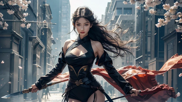 Leo woman, Attractive forward leaning detailed skin, Hyper-realistic 8K CG, picture-Perfect face, Flawless, Clean, masterpiece, Professional artwork, Famous Artworks, Movie Lighting, Movie Bloom,((Black Hair)),(1 Girl,  Beautiful Korean girl),Perfect face, (young:1.1),((Fit the figure)),((25 years old)), Pretty Face, Beautiful blue eyes,Detail eyes, Facial details, (((Perfect female body, Willow Waist))),(Large Breasts:1.3)Lola:GoodHands-beta2:1>, , ((Girls stand)),Upper Body,Blade sideways,Striking posture,Blade down,Blade right hand,, Cherry blossoms,, (masterpiece, best quality, high quality, high resolution, Super detailed), 