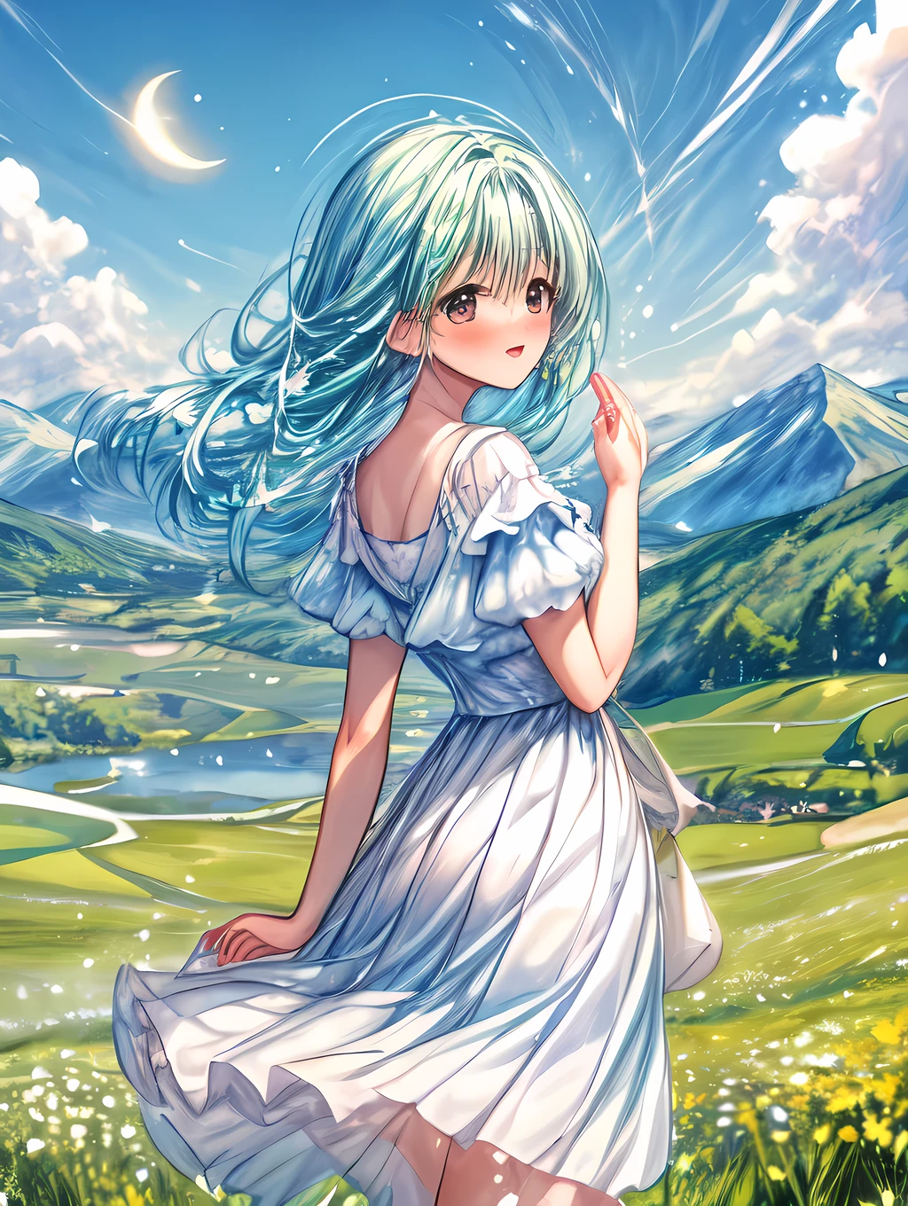 A bright and serene countryside scene with a girl young gazing beyond the mountains during springa breathtaking landscape with a vast and serene sky, filled with vibrant colors and wispy clouds. The sky should evoke a sense of tranquility and freedom, with the sun or moon casting a soft glow. Include elements such as distant mountains or rolling hills to add depth and perspective to the scene.