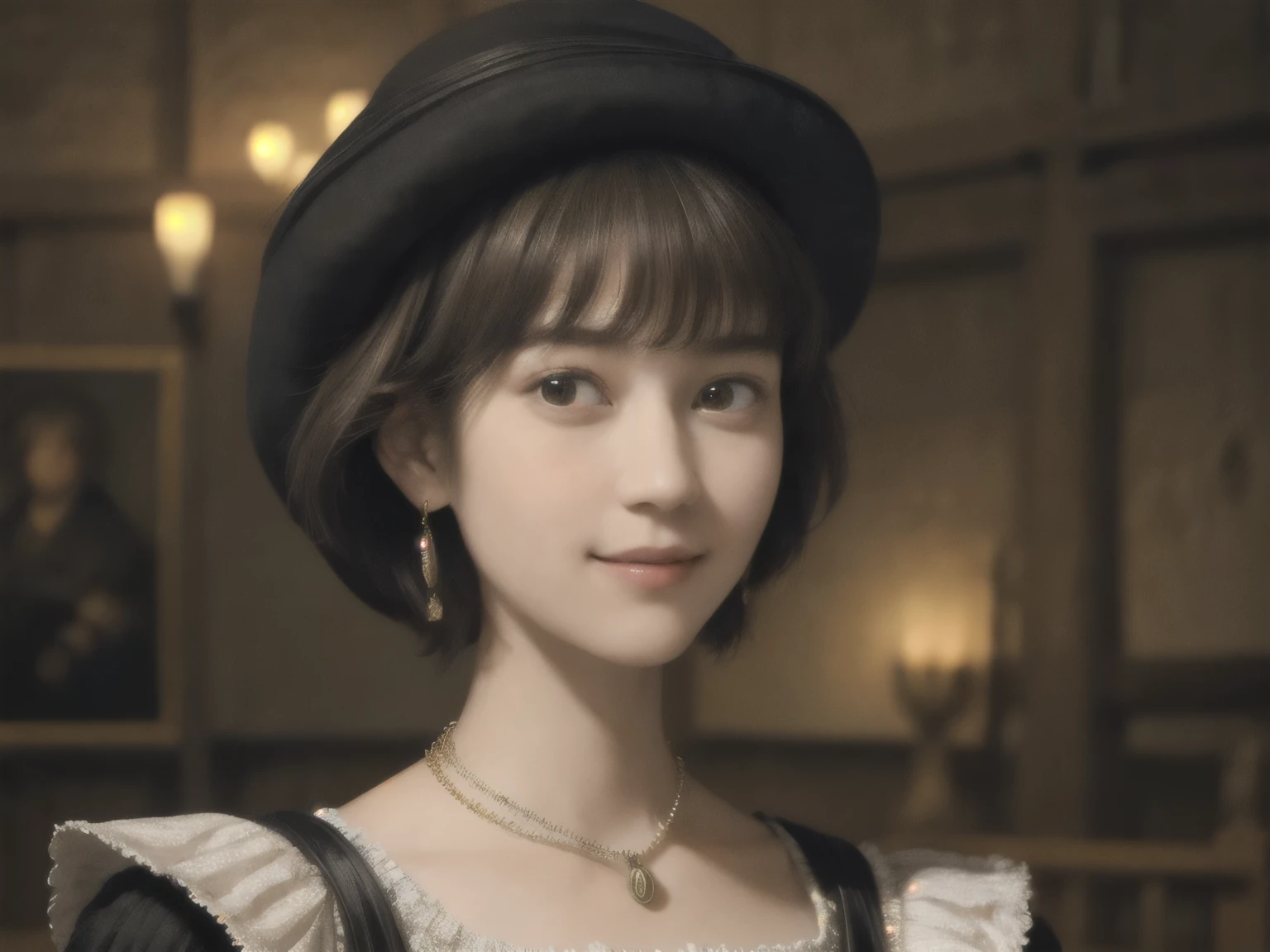 221 Short Hair, 20-year-old woman, A kind smile, (Luxurious stables), (Rembrandt-style painting), (Focus on the face, Written boundary depth)