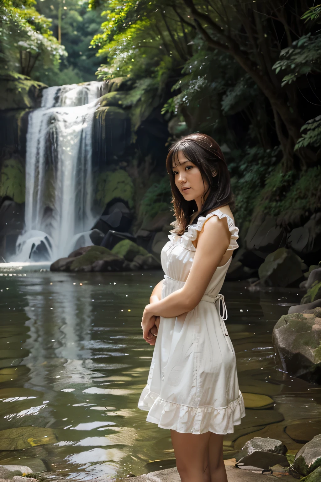 Woman at a Japanese waterfall,Ruffled Sundress,