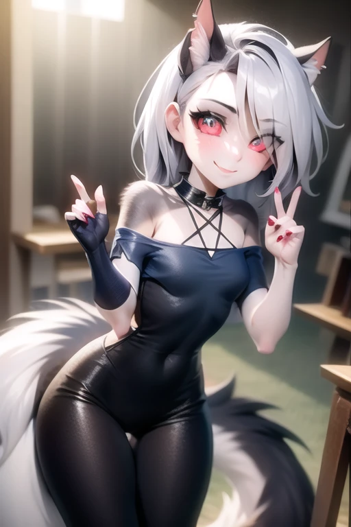 Meisterwerk, best quality, loona hellhound, Abonnieren, loonakurze Hose, detailliertes Gesicht, detaillierte Augen, (geschlitzte Pupillen, White eyes), rote Sklera, Happy, [smile, [Stachelhalsband]], Pentagramm, fingerlose Handschuhe, kurze Hose, digitalgrad, Stehen, Street, Sonnige Strahlen 