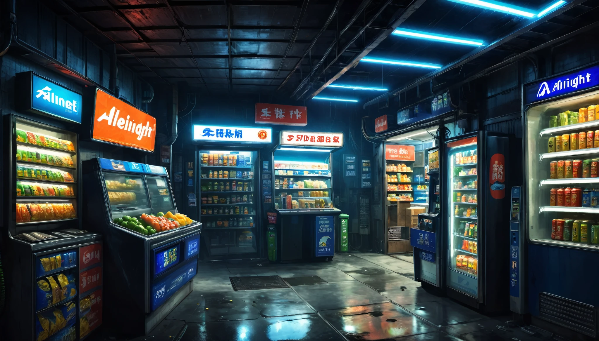 Midnight convenience store, Drink with alien, alien, ,detailed,Future urban environment, post apocalyptic