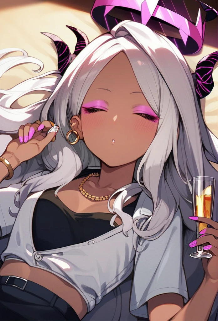 Score_9, score_8_up, score_7_up, source_anime, solo, 1girl, mature female, hina_\(blue_archive\), horns, halo, silver hair, parted bangs, small breast, long eyelashes, Gyaru, dark skin, dark-skinned female, makeup, pink eyeshadow, parted lips, piercings, tanned skin, shiny skin, metallic tan, BRAKE crop top, short sleeves, posing in bar, drinking glass, drunk, light blush, dim lighting
