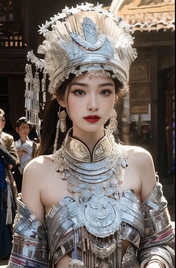 （8k，best quality，masterpiece：1.2），Ultra-high detail，Professional lighting，best quality，Ultra-high resolution，visually stunning，（1 girl：1.1），（Miao costumes and headdresses），Real human skin，（Perfect body 1.9）Super delicate face。whole body