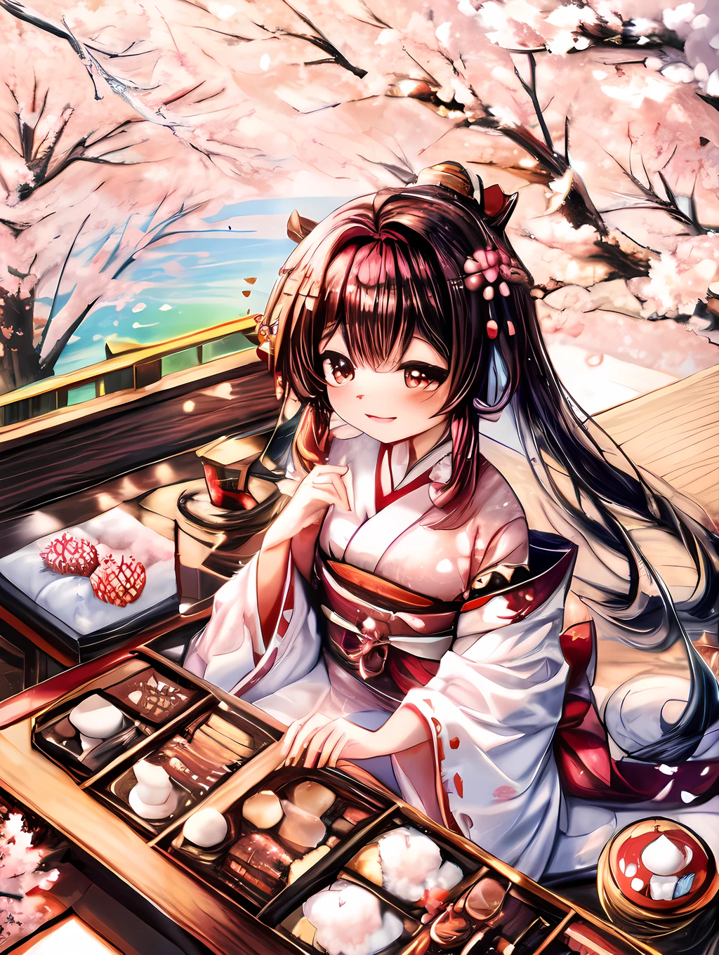a beautiful and delicious bento box filled with an assortment of Japanese delicacies, such as sushi, tempura, and teriyaki chicken. The bento box should be neatly arranged and visually appealing. The background should feature a serene cherry blossom tree, with petals gently falling. Include a traditional Japanese tea set and a pair of wooden chopsticks to complete the scene.
