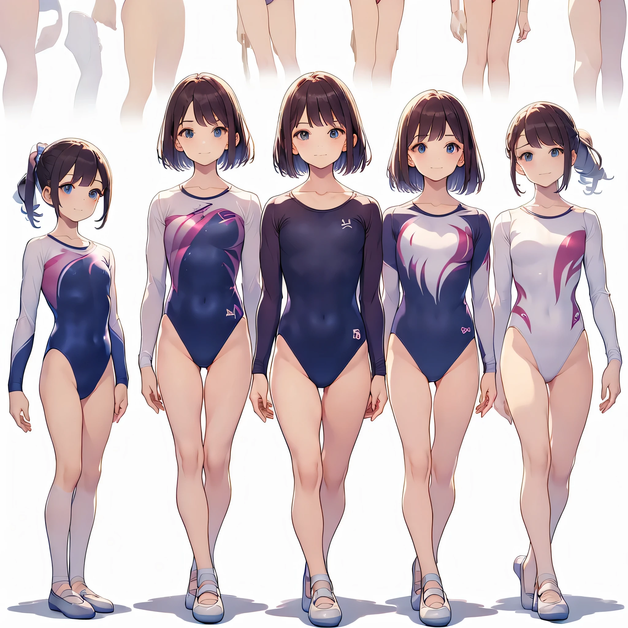 Gymnastics club,(4 girls:1.3),(long sleeves leotard:1.3),full body, bob cuts hair, long hair, (over 16 years old, under 19 years old:1.2), ballet shoes, white background