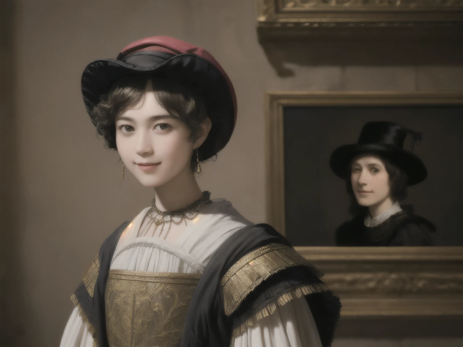 221 Short Hair, 20-year-old woman, A kind smile, (Luxurious stables), (Rembrandt-style painting), (Focus on the face, Written boundary depth)