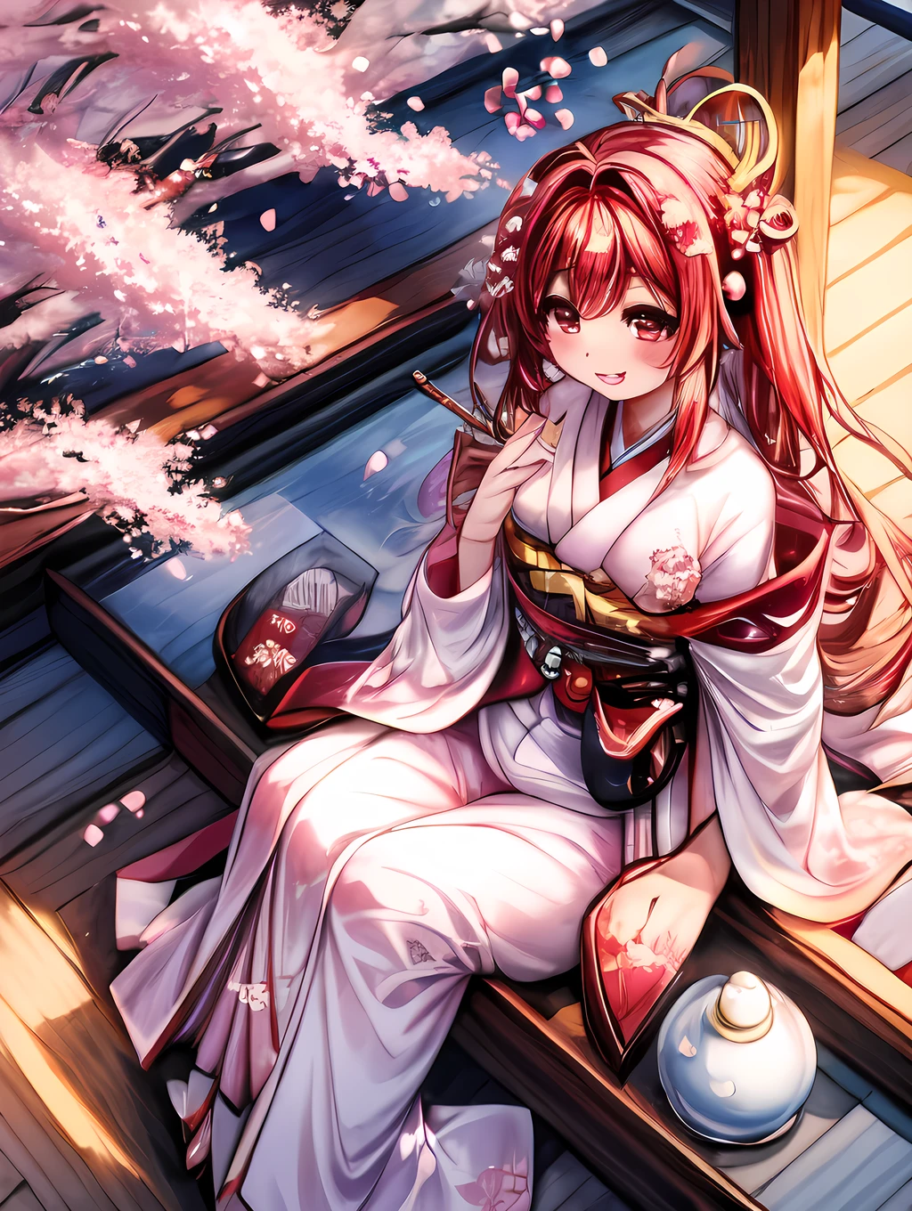 a beautiful and delicious bento box filled with an assortment of Japanese delicacies, such as sushi, tempura, and teriyaki chicken. The bento box should be neatly arranged and visually appealing. The background should feature a serene cherry blossom tree, with petals gently falling. Include a traditional Japanese tea set and a pair of wooden chopsticks to complete the scene.
