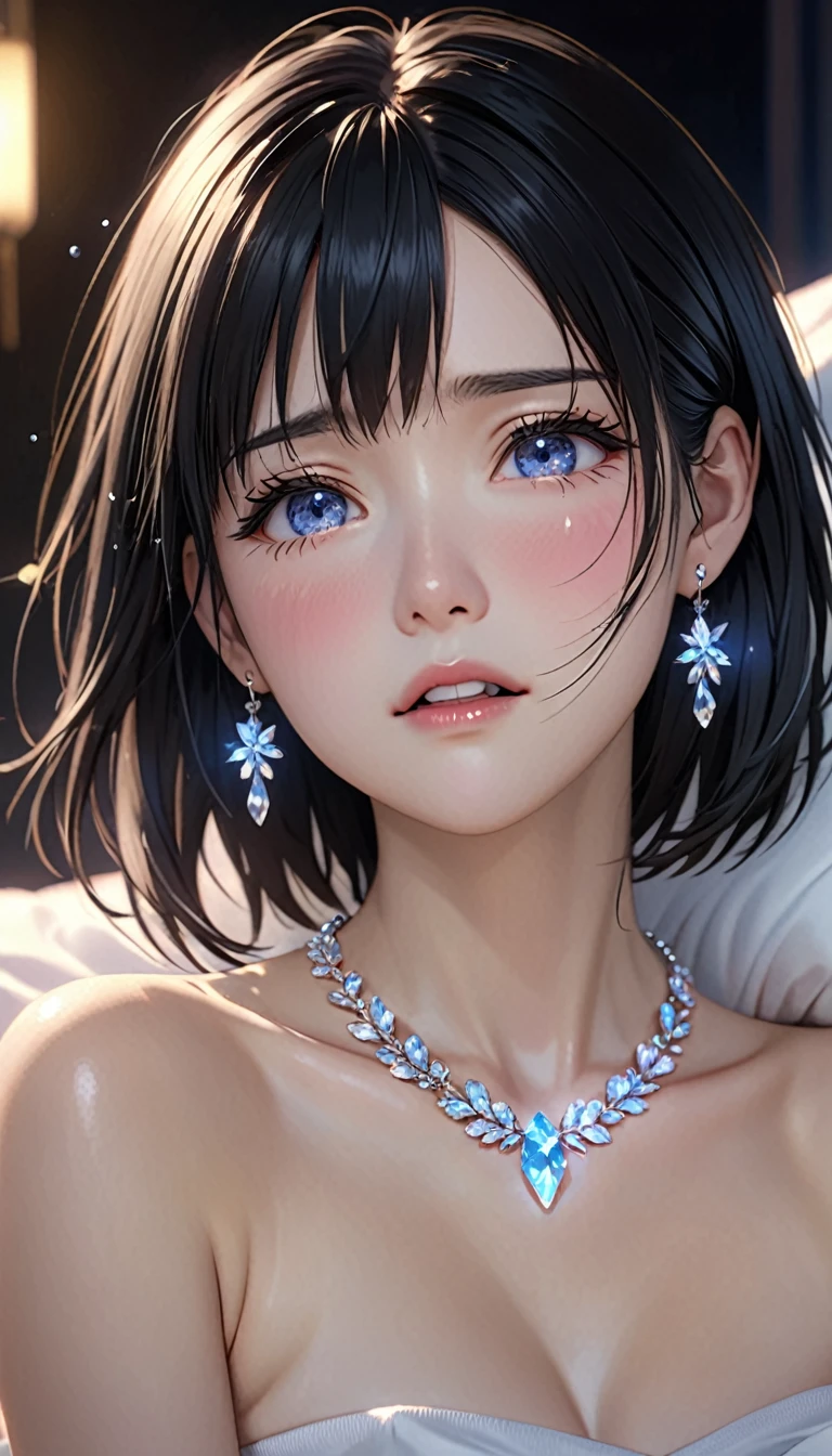 National Science Foundation,masterpiece,High resolution,8K,Art,digit,Three-dimensional,Realism,Kyoto Animation Style,your name movie style,looking into camera,Soft Light,Glowing skin,(1 female: 1.3),(alone: 1.4),(((black hair))),(Naked upper body),(crystal hairpin),(small crystal necklace),(crystal small earrings),(crystal bracelet),(Crystal ring),Long eyelashes,Slender legs,Short Bob,Close-up of upper body,Close-up,close view,in the bedroom,Lying in bed,(Eyes as deep as the starry sky),(open mouth),(blush),(shy),(lovely and delicate),(Pitiful),(((cry))),(((Tears))),(((extremely sad))),(((despair)))