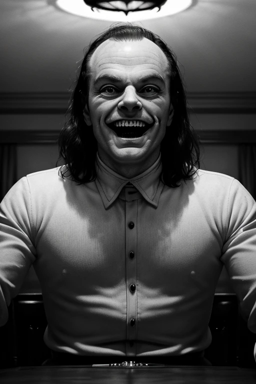 arafed man with his mouth open sitting at a table, the shining, the shining overlook hotel, stanley kubrick the shinning, the shining 1980, hannibal lector, self - satisfied smirk, giddy smirk, shining, unsettling grin, choke smirk smile grin, evil smirk, insane smile, jack nicholson