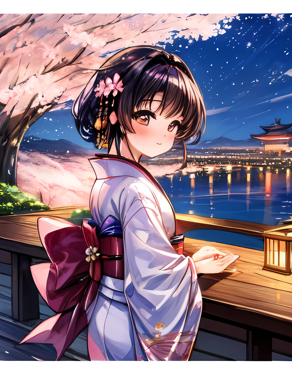 A beautiful night scene with cherry blossoms blooming under the moonlight, accompanied by a young girl wearing a traditional kimono, enjoying the serene atmosphere and gazing at the flowers in aweenchanting