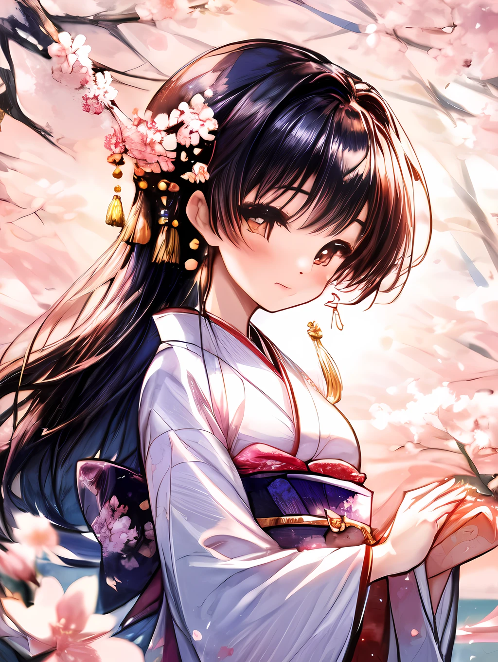 A beautiful night scene with cherry blossoms blooming under the moonlight, accompanied by a young girl wearing a traditional kimono, enjoying the serene atmosphere and gazing at the flowers in aweenchanting