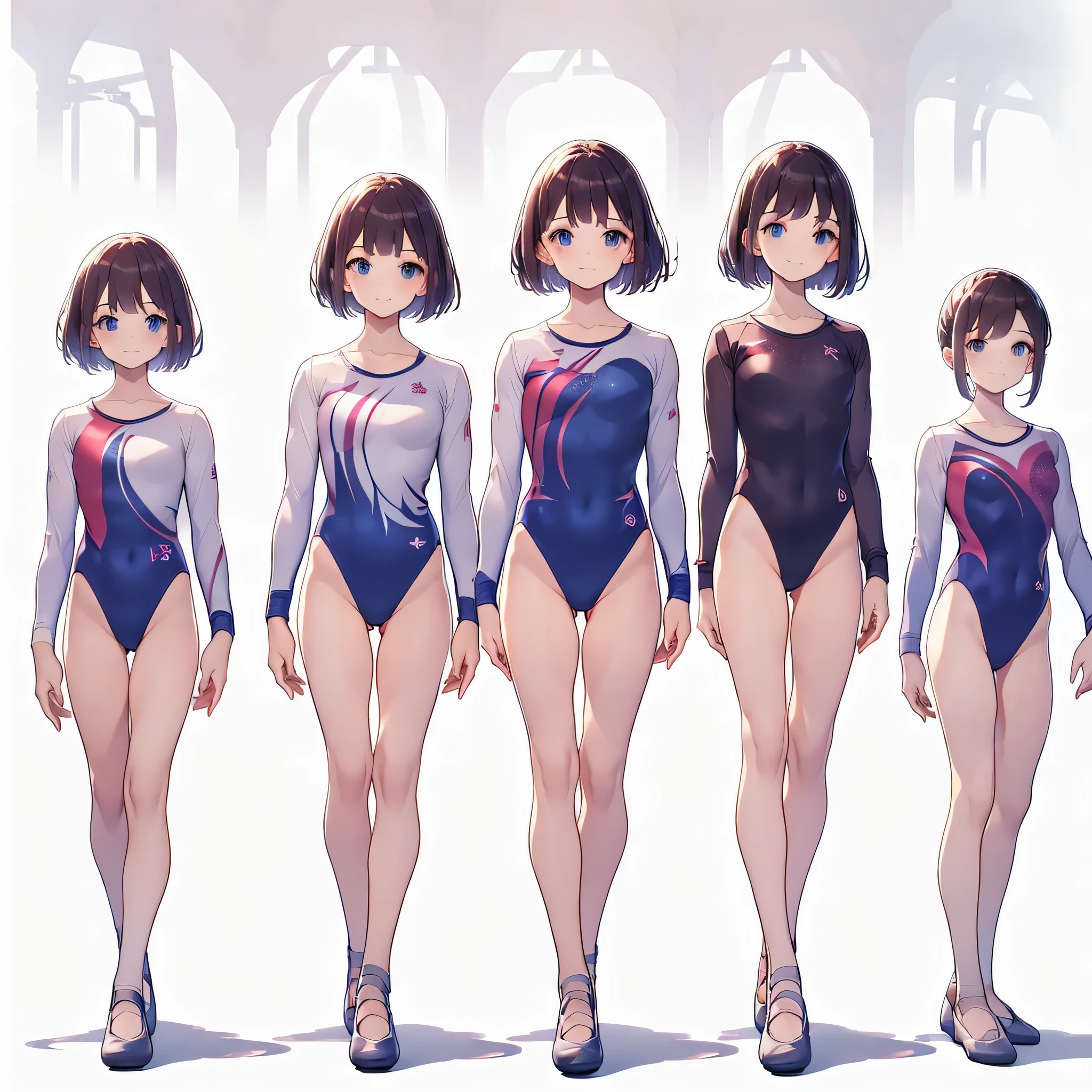 Gymnastics club,(4 girls:1.3),(long sleeves leotard:1.3),full body, bob cuts hair, long hair, (over 16 years old, under 19 years old:1.2), ballet shoes, white background