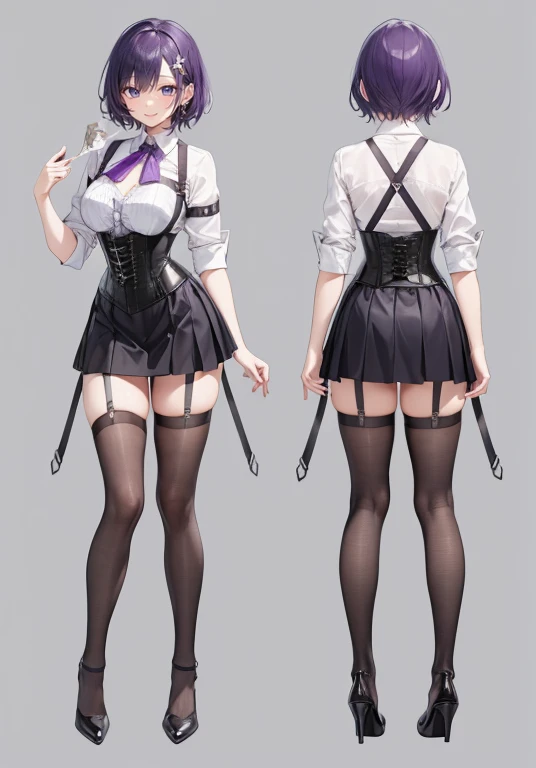 Purple hair,Short hair,Adult female,Bartender,((Body harness)),((Rolling up your sleeves shirt)),(Corset),(Tight skirt),Garter belt,High heels,((Simple background)),Smile,((Full body)),((whole body)),Character Sheet,