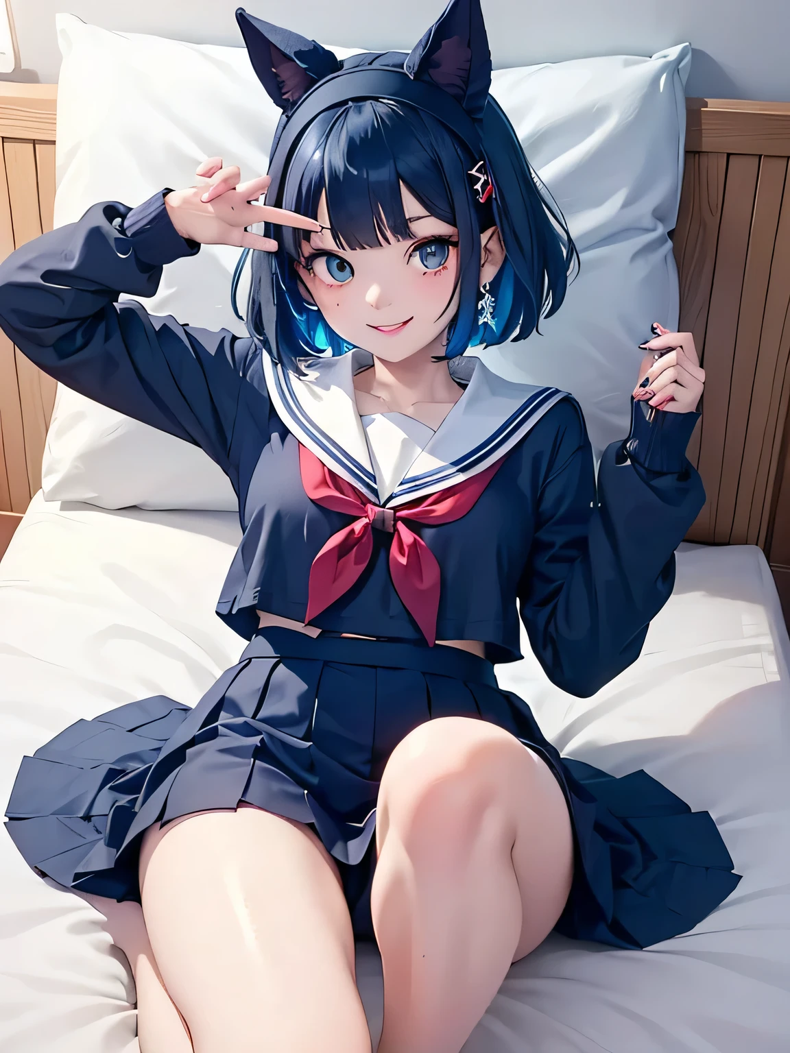 Black Hair. short hair. Inner blue hair. Anime Girls.Headband.smile. Student uniform. whole body.bed.M-shaped legs