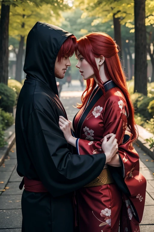 Redhead man in Ninja suit and redhead woman in kimono in a passionate intimate moment outdoors young and handsome both