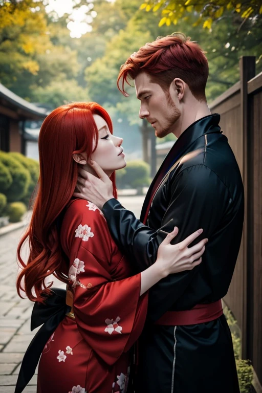 Redhead man in Ninja suit and redhead woman in kimono in a passionate intimate moment outdoors young and handsome both