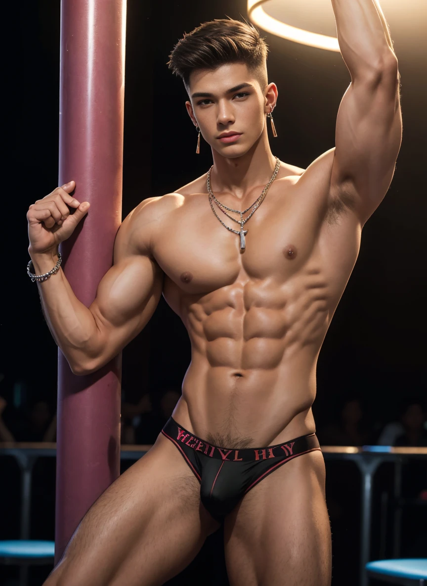 HD quality, high definition, male is 18 years old handsome and muscular and slim, seducing audience, dancing nude in a pole, with exposed vagina, inside gay bar, with earrings and bracelts and necklace, wearig thong,seductive, with tatto on his navel, he is holding his underwear on his hands