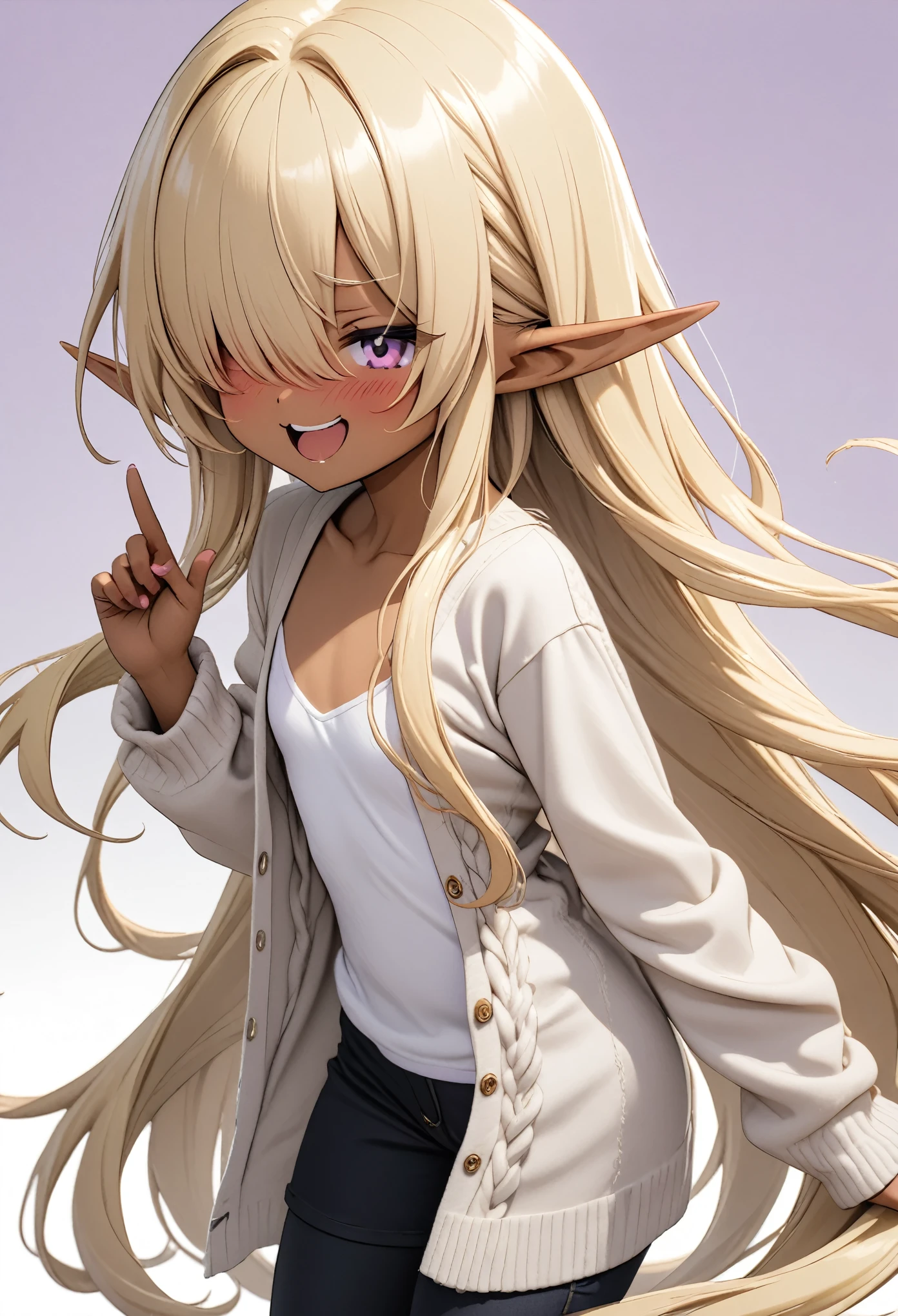 ((Masterpiece)), (Anime:1.3), ((best quality)), (RAW photo:1.2), (High Definition:1.3), (Professional Photography:1.2), (12 years old), (1girl), cute young girl, from side, BREAK, (smug and blush:1.3), open mouth, (Beautiful purple eyes:1.5), (dark skin), elf girl, wear a long cardigan, flat chest, slim body, (hair over eyes), (very long bangs:1.3), unruly hair, (medium hair), ((beautiful blond hair)), wear a long cardigan, shortpants, BREAK, ((best quality)), (kawaii Pose:1.4),