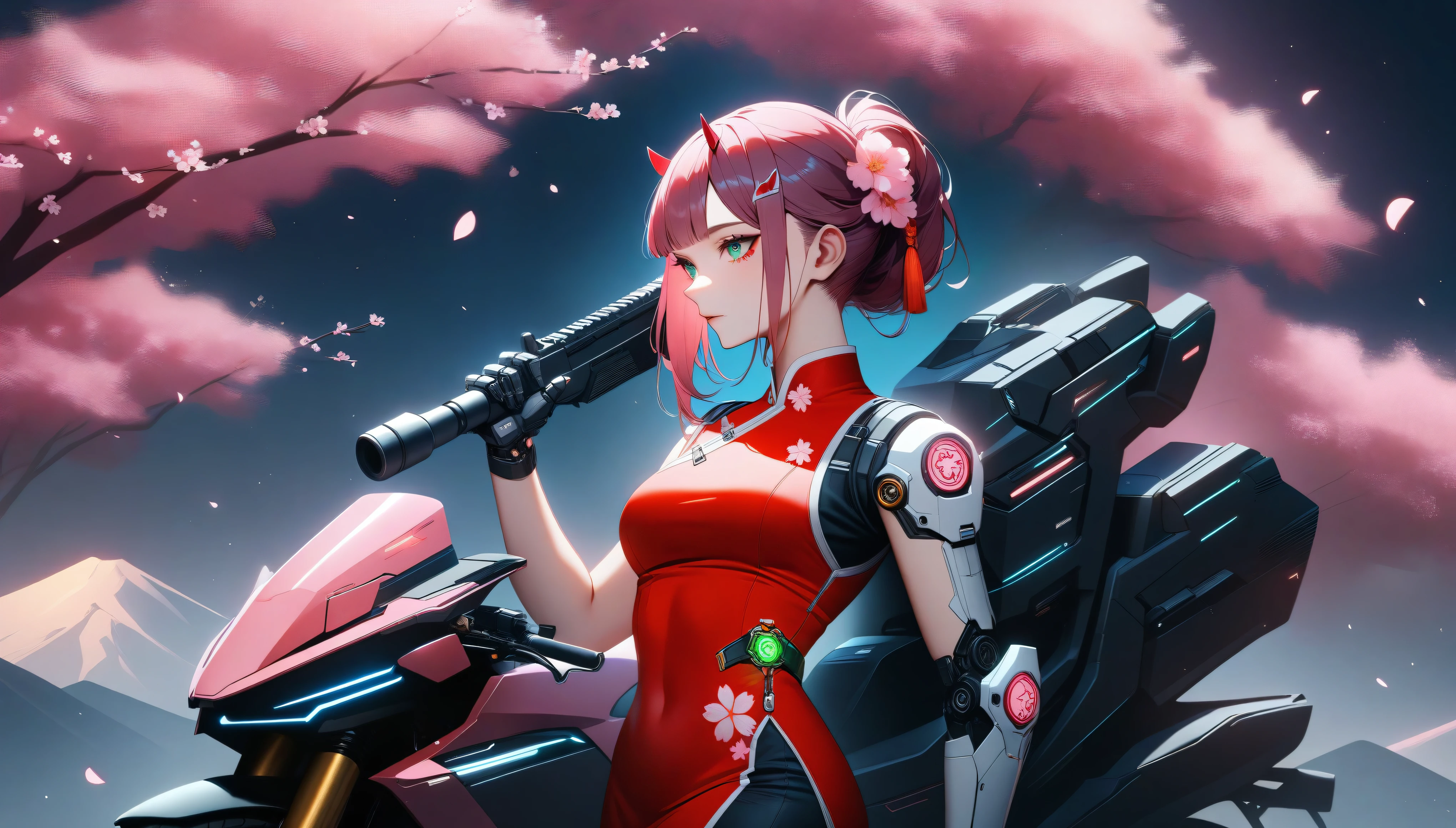 ((Vision))，((whole body))，zero two, solo, Wearing a red cheongsam，Robot arms and legs，Cyberpunk beauty holding an electric rifle，Standing under the cherry blossom tree with pink flowers，（white sockechanical ceramic high heels：1.5 ），background，sport bike，closeup portrait，futuristic style，cyberpunk，Ultra detailed, HDR, pink hair, green eyes