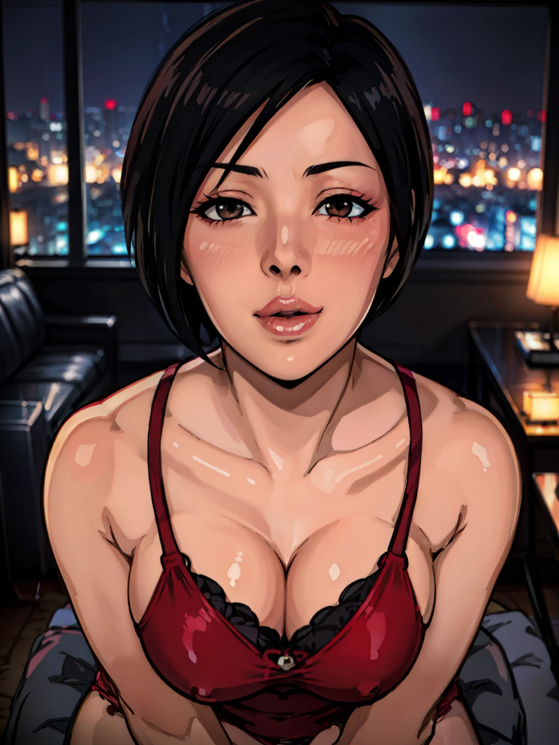 (POV Kiss | Peck | Thick Lips : 1.3), red lingerie, luxury livingroom background, window, night city view, ada wong, anime cels style, best quality, high resolution, 1girl, (huge breasts:1.2), beautiful face, black eyes, cowboy shot of beautiful ada, looking at viewer, black hair, short hair, smiling, blush, lipstick