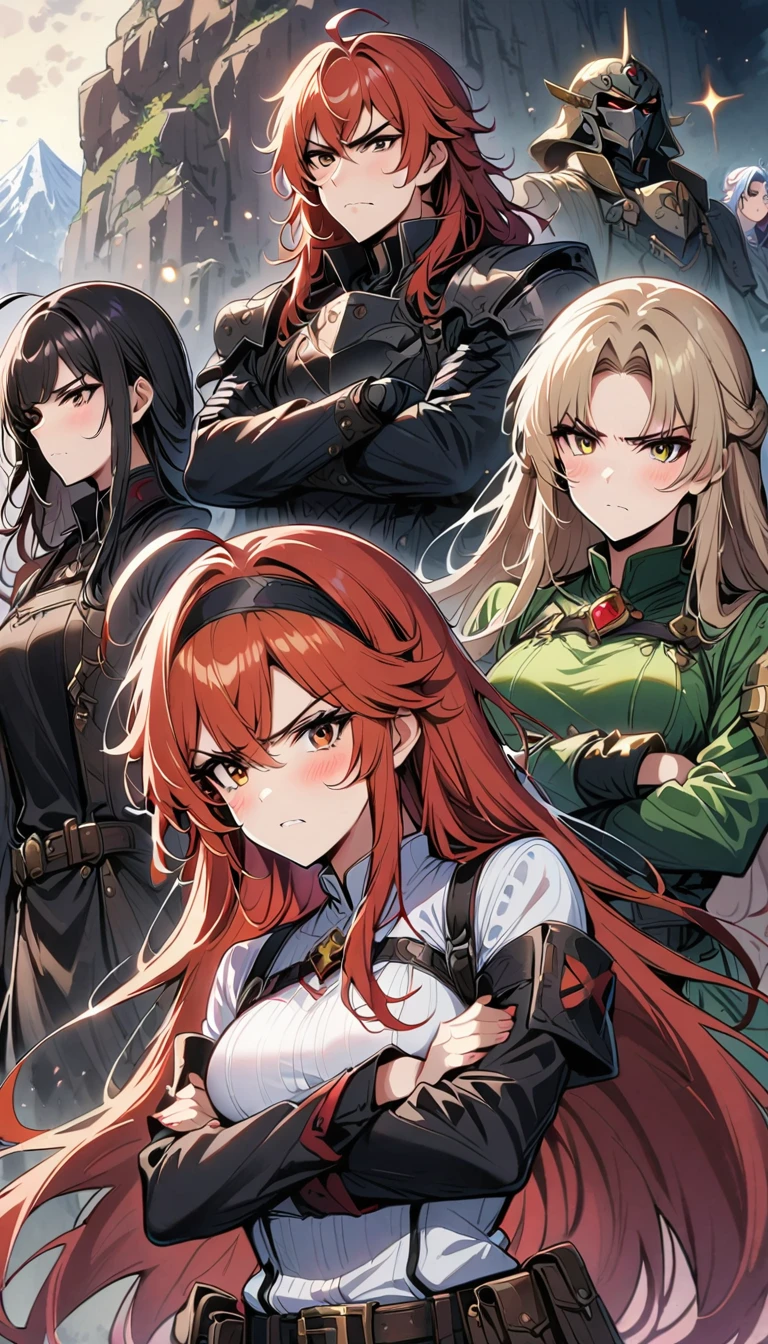 Du wirst Grayrat sein, 1 girl, Allein, lange Haare, Ahoge, rote Augen, Rote Haare, nackten Schultern,hairband, crossed arms,blush, Rock, schwarzes Haarband, Breasts, contrasting sleeves,bangs, Haare zwischen den Augen, long sleeve, Haarlappen, geschlossener Mund, black Rock, brown Rock, Hemd, gekreuzter Pony, very lange Haare, white Hemd,Biom,auf sich selbst zeigen,schreien,angry, 