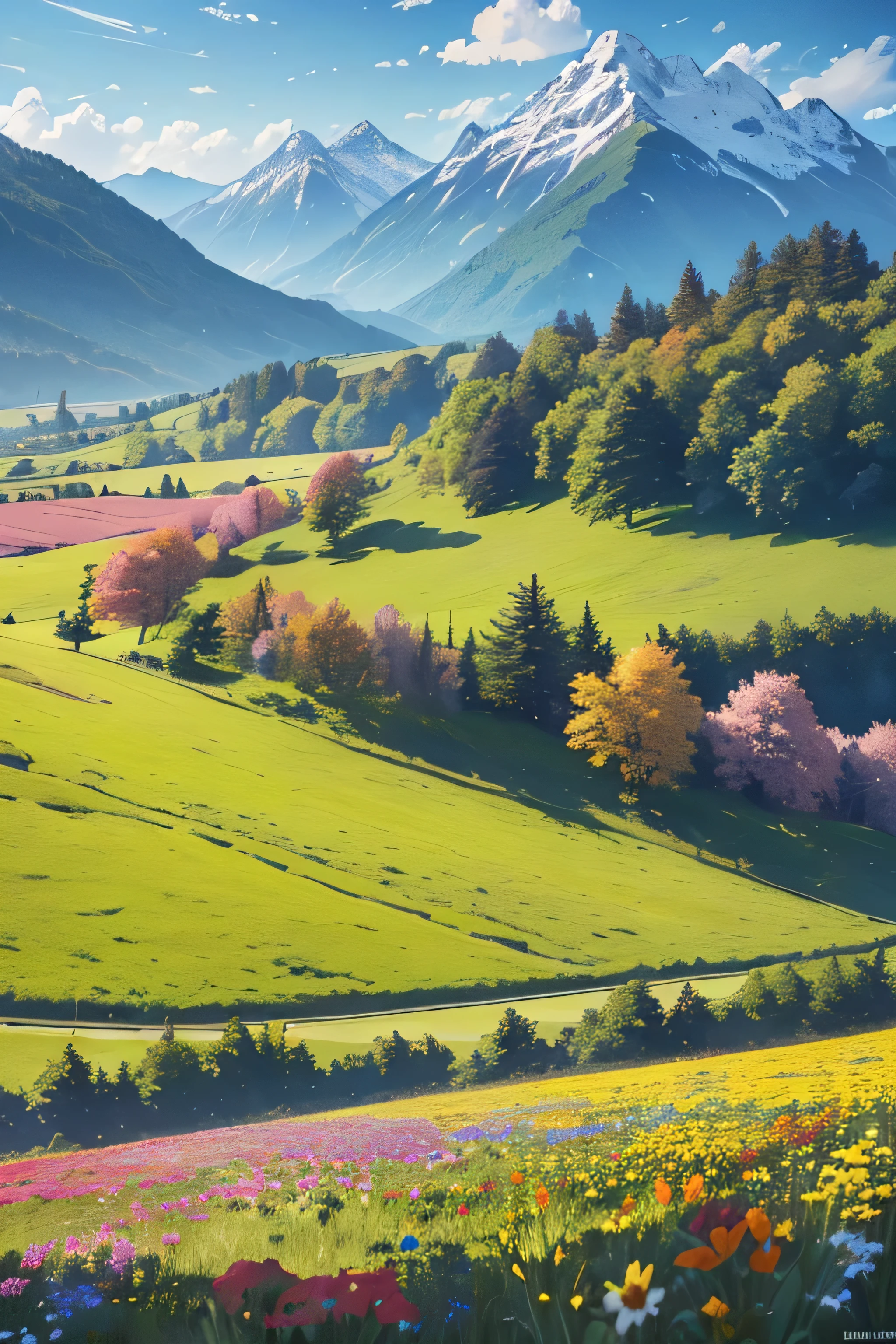 ((highres, best quality, 16k, masterpiece, resolution)), (a field full of flowers and trees. At a distance there is mountain.), (((beautiful))),