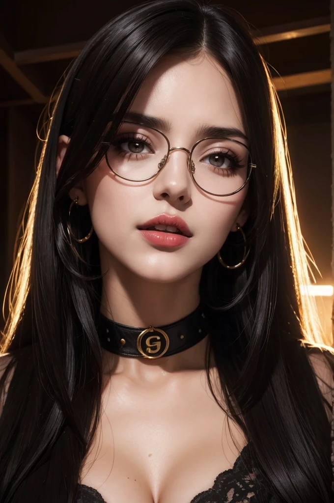 portrait of sexy mature woman, rimless glasses, long straight hair, choker, bright lipstick, orgasm, emotion, ahegao, passion, asphyxiation, close up portrait, high detailed image, masterpiece, oil painting, big breasts