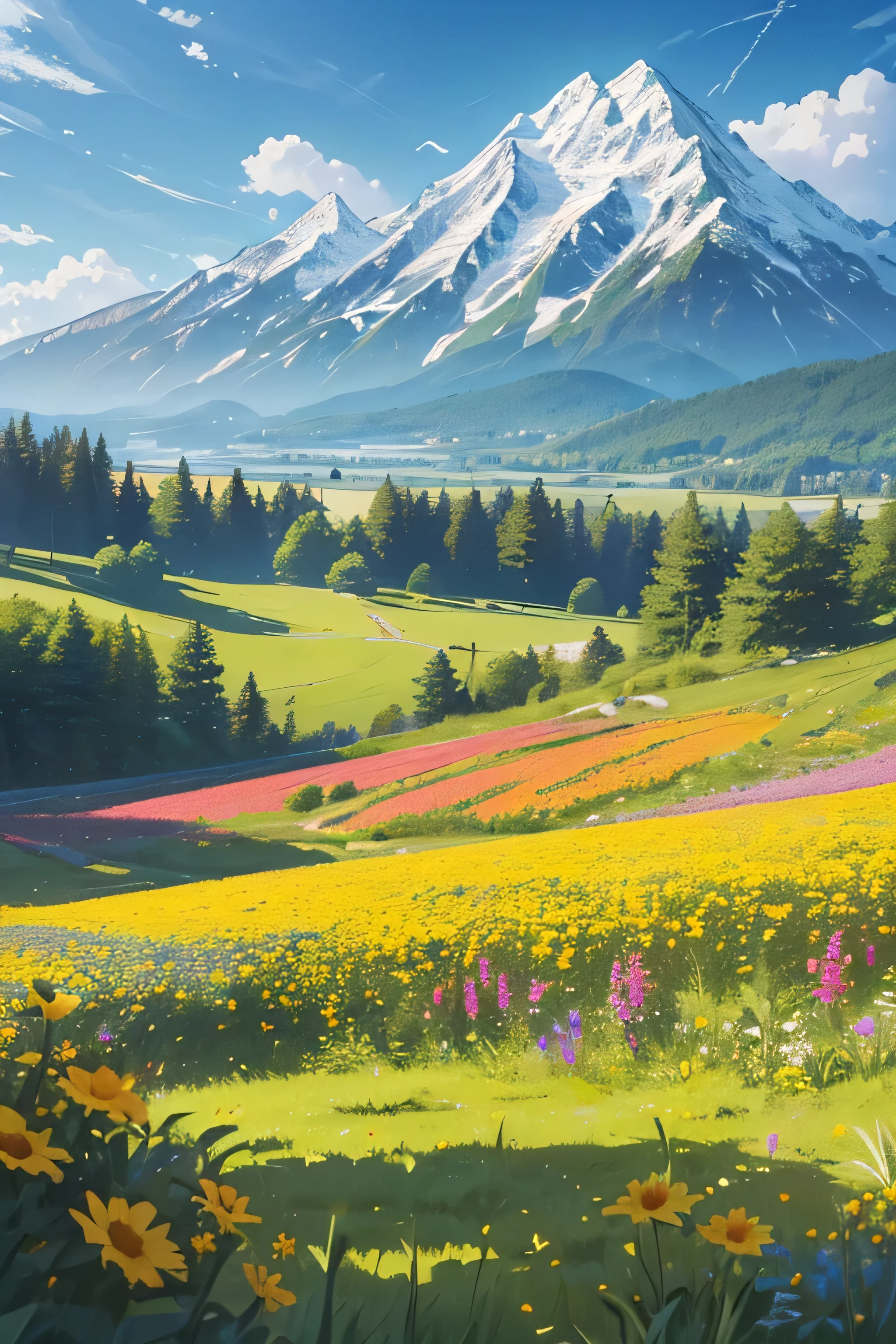 ((highres, best quality, 16k, masterpiece, resolution)), (a field full of flowers and trees. At a distance there is mountain.), (((beautiful))),