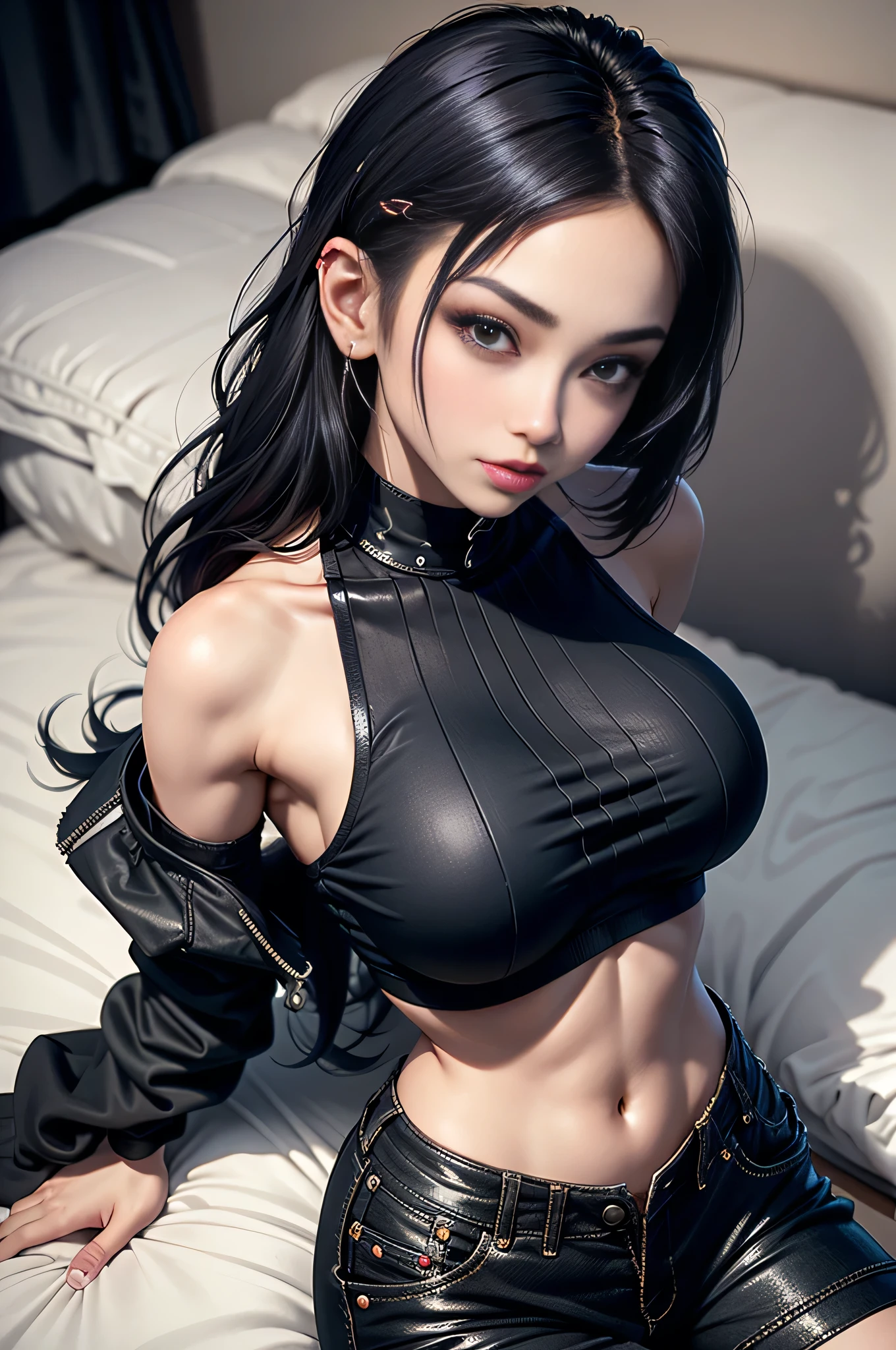 sfw, ((lying on bed top view)), there a woman sitting on a bench with headphones on, cute casual streetwear, photo of slim girl model, wearing cyberpunk streetwear, wearing a black cropped tank top, korean women's fashion model, all black cyberpunk clothes, cyberpunk streetwear, y 2 k style, y2k style, ulzzang, photo of slim girl, overalls, cute girl wearing tank suit, wearing bra,((skinny waist)), young asian girl, ((big breasted)),