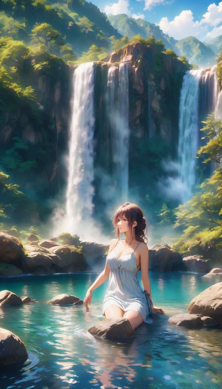A very beautiful girl, happily bathing next to a clear and cool waterfall. Rosa Haut, blaue Augen, dunkle Haare, detailliertes Gesicht, detailed body, realistisches Modell, very detailed natural landscape, CGI, 8k resolution