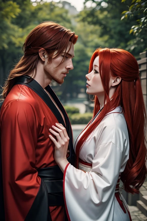 Redhead man with shoulder length hair in Ninja suit and redhead woman in kimono in a passionate intimate moment outdoors young and handsome both   