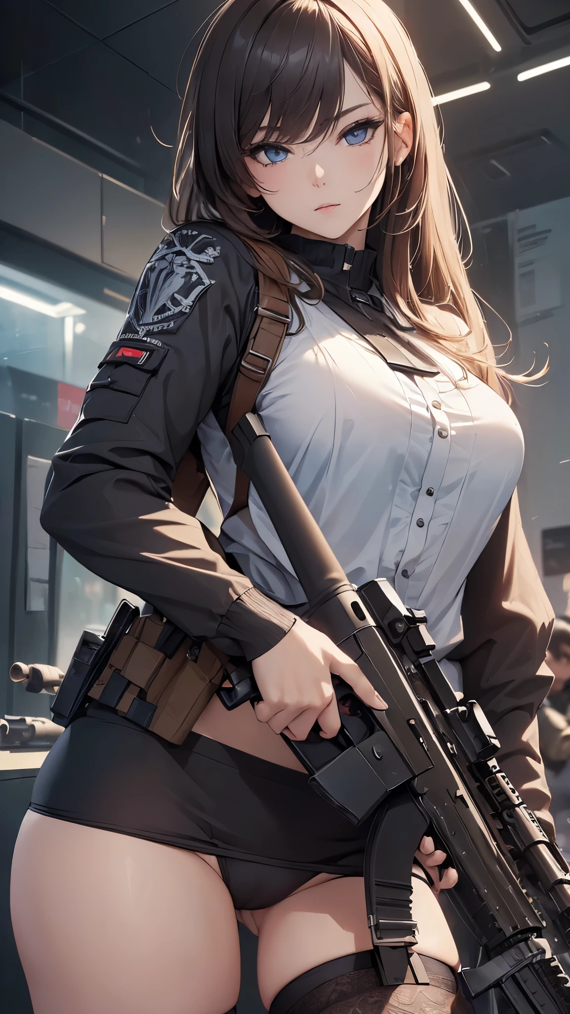 (((masterpiece))), (((High resolution)))、(((8K quality)))、(((perfect face)))、(((woman having a assault rifle))), ((panty)), look at the camera, ((top quality eyes)), (detailed face), (detailed texture)
