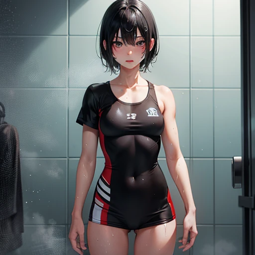 After losing a mixed martial arts match, slender cute high school girl taking a shower, short black hair, wet, small ???????