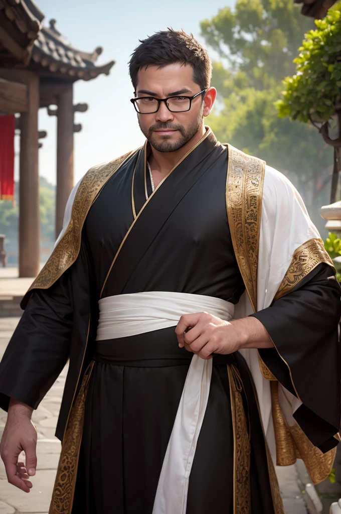 An award-winning original photo，A wild muscular man, (40 years old daddy:1.1), 1boy, Solo, (black robe holding a fan and circling with fairy spirit, white hanfu), (hanfu, flowing white robe), (big shoulders), musculature, stubbles, Short beard, Beautiful eyes:1.3, (Detailed face:1.3), wearing glasses, smiles, Dynamic Angle, volumetric lighting, (Best quality, A high resolution, Photorealistic), Cinematic lighting, Masterpiece, RAW photo, Intricate details, hdr, depth of field, full body shot, George Pei, chris redfield, Background ancient chinese city