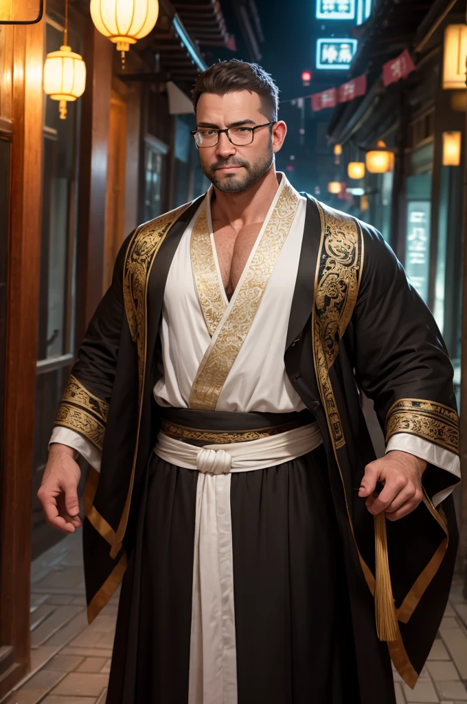 Masterpiece, high resolution, HDR, detailed composition, unique, hot handsome charming uniformed male from the 1500s invites you to his village, Japanese daddy hunk, patriarchy, medieval fashion, elegant clothing, luxurious medieval clothing with super fine golden detailing, wearing elaborate jewelry, fine jewelry, wearing rings and necklace, golden, gold, diamond, shiny, royalty, extremely fine clothing details, wearing a large golden belt with rich artistic details, divine, opulence, grandeur, wealthy, rich taste, affluence, wisdom, pristine, sophisticated man, dashing man, scruff and hairy, mature, masculine, macho, beefy man, beautiful hazel eyes, symmetrical eyes, staring directly at camera, charming smile, happy